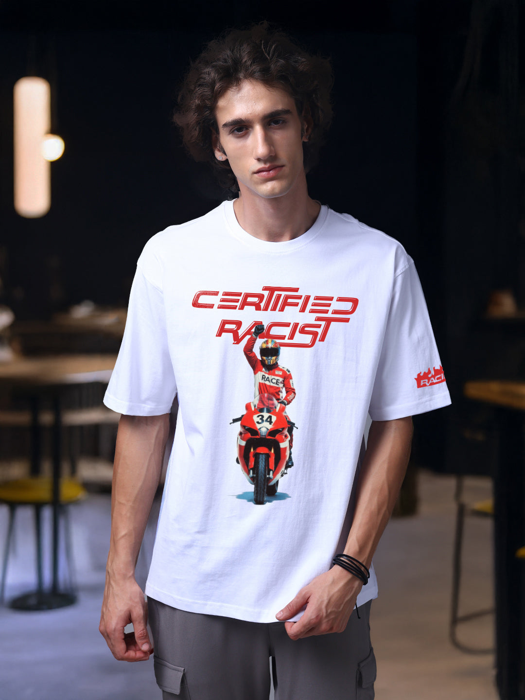 Men White Oversized Graphic Print Cotton T-Shirt
