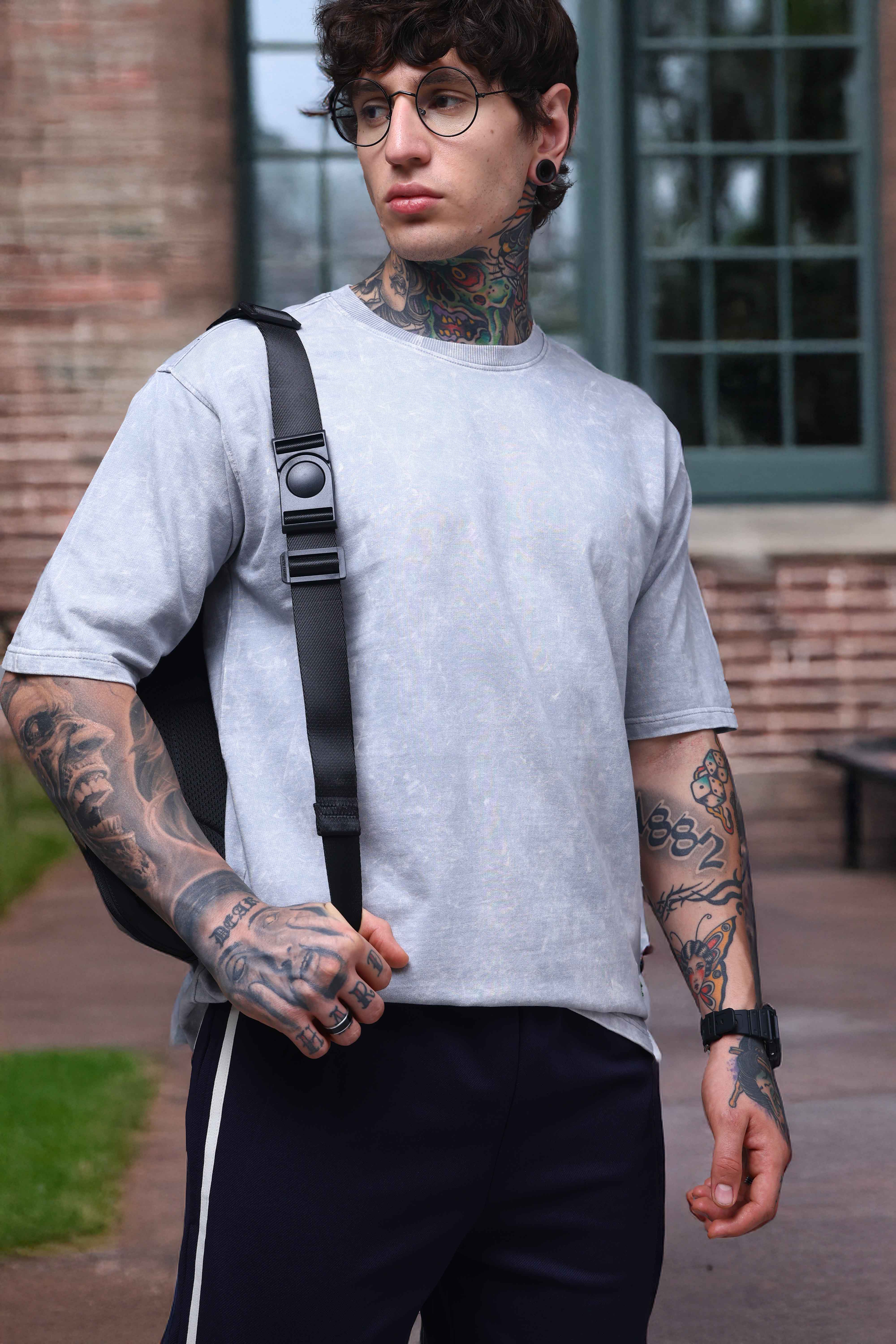 Men's Oversized Acid Washed Solid  Light Grey Tshirt
