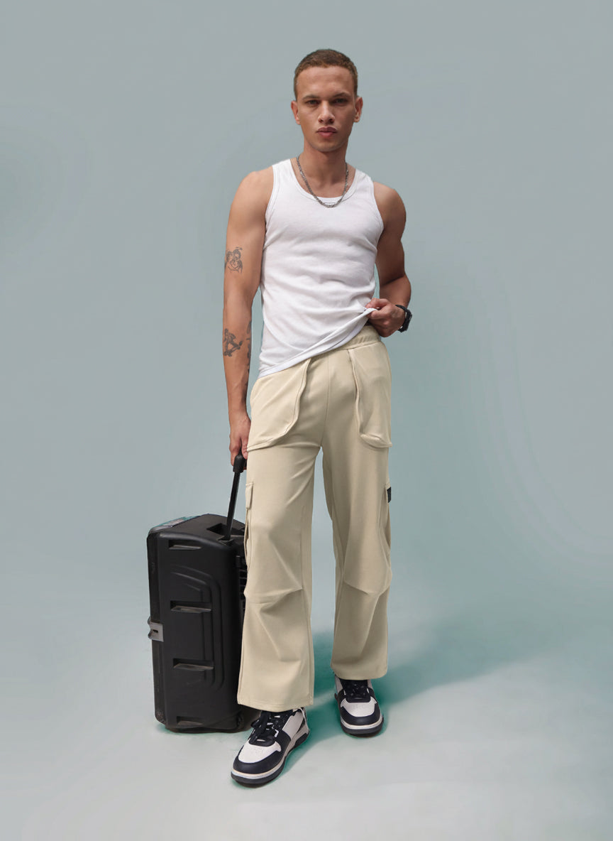 Mens Loose Fit Beige Trackpant